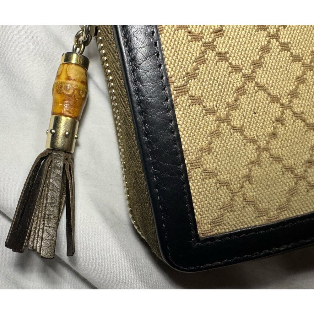 Gucci Bamboo Tassel Zip Around Wallet Beige Canvas Leather Vintage Authentic - Picture 2 of 16